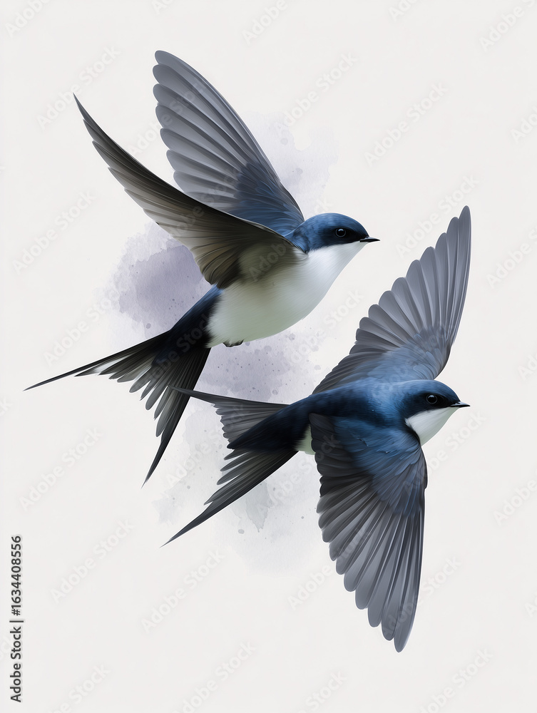 Obraz premium Two swallows gracefully soaring through the sky, a beautiful display of nature's elegance and freedom. Their wings are extended, showcasing the artful symmetry of the bird.