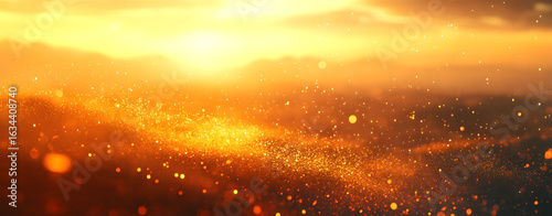 Abstract blurred light bokeh background with warm sunset hues. A dreamy and ethereal golden hour scene with glittering particles.