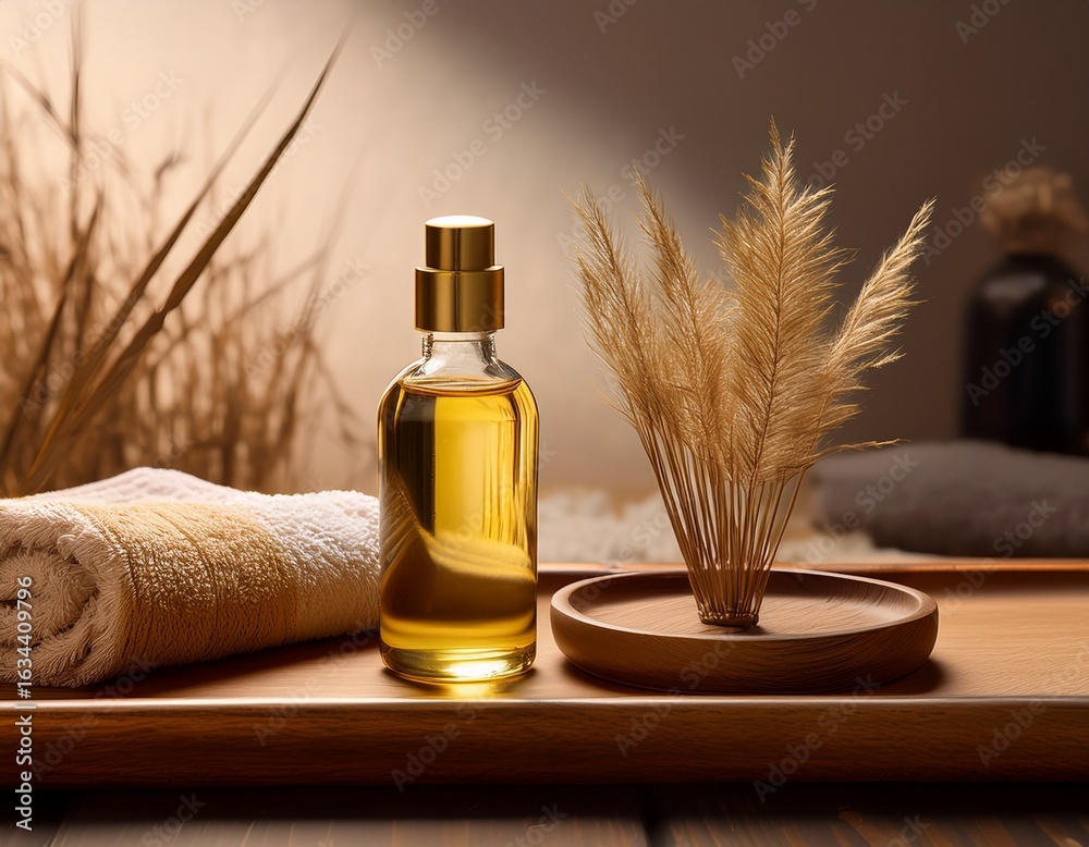 Fototapeta premium a bottle of golden oil is elegantly arranged on a wooden tray with a soft towel and dried grass this warm serene scene evokes a natural spa like relaxation