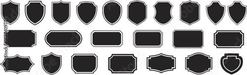 Black shield and label shapes, white outline vector set, badge design elements, logo templates, vintage frame clipart, decorative border icons, emblem collection