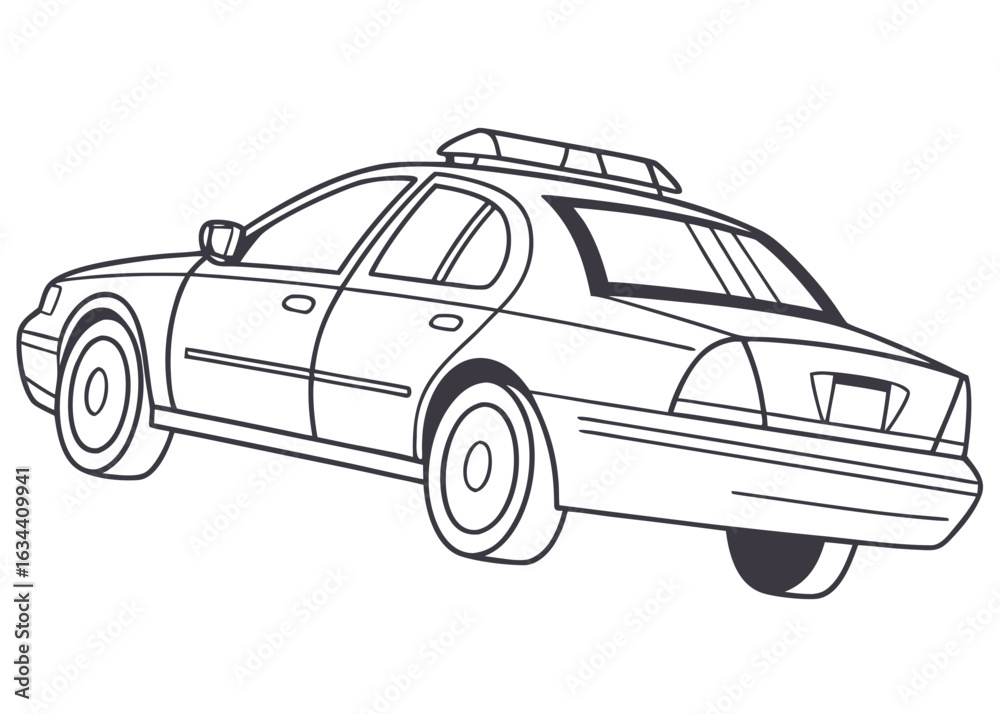 Fototapeta premium Police car line art, side view, clear outlines, lightbar on top, minimalist details, kids' activity page, pure white background