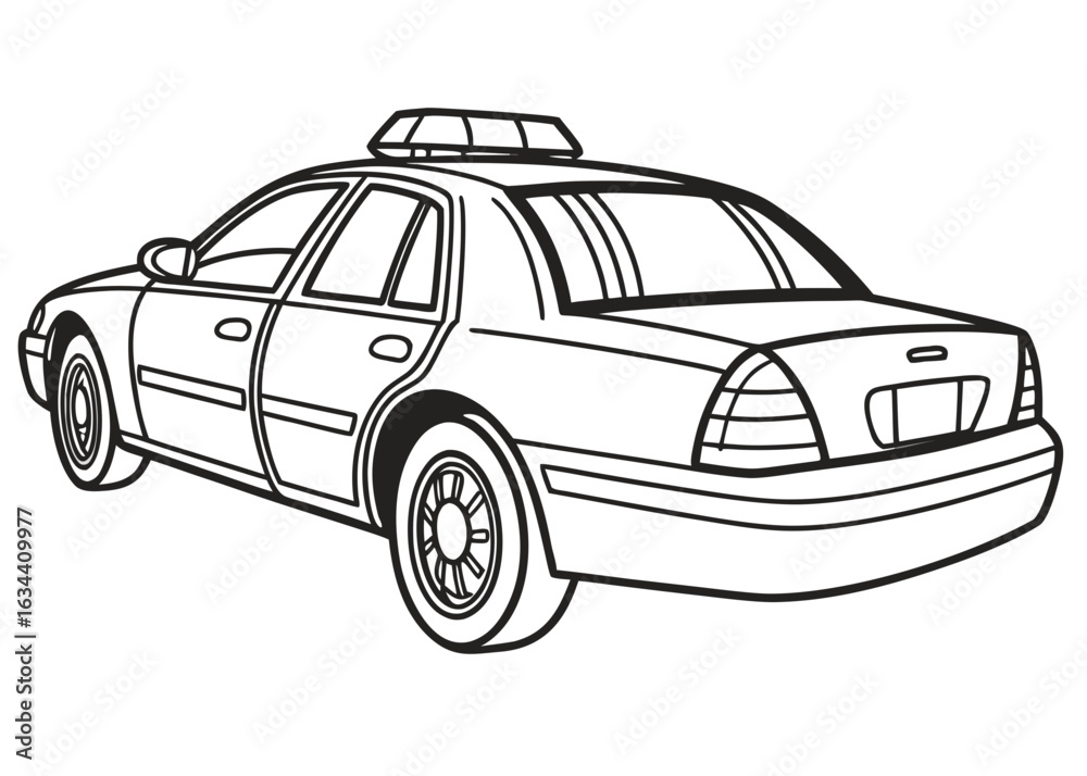 Naklejka premium Police car line art, side view, clear outlines, lightbar on top, minimalist details, kids' activity page, pure white background