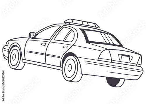 Police car line art, side view, clear outlines, lightbar on top, minimalist details, kids' activity page, pure white background