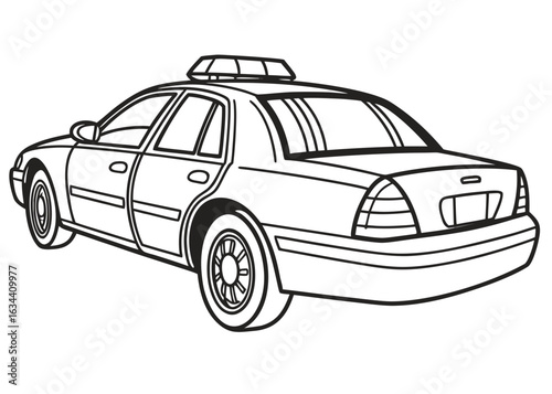 Police car line art, side view, clear outlines, lightbar on top, minimalist details, kids' activity page, pure white background