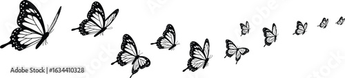 Elegant butterfly silhouettes flying in a graceful curve, black vector design, delicate wings, nature-inspired art, seamless pattern collection