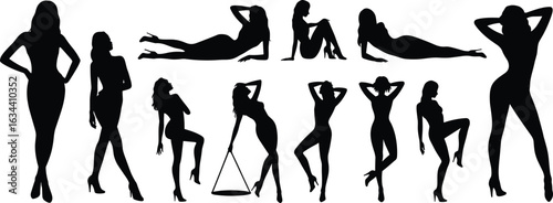 Elegant female silhouette poses, standing and reclining women in heels, graceful body shapes, fashion models, stylish black vector art collection