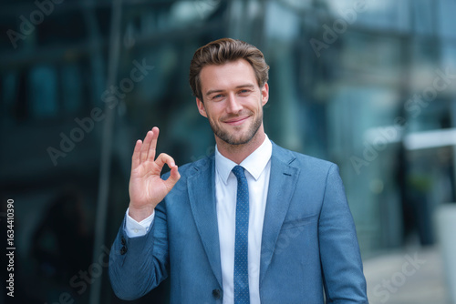 Smiling Caucasian businessman in blue suit showing ok gesture sign with fingers over blur of modern office building facade, Business confidence and success concept