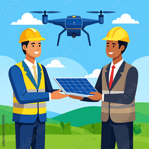 Two engineers in hard hats exchange a solar panel, with a drone flying overhead in a sunny, green landscape.