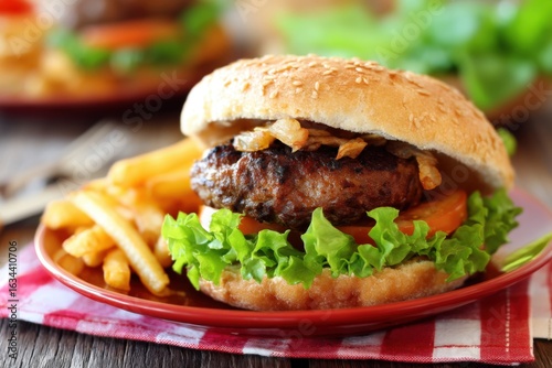 A delicious burger with lettuce, tomato, and crispy fried onions sits on a red plate. Golden fries accompany it on a wooden table with a checkered cloth