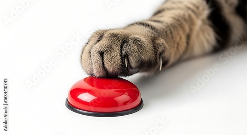 A domestic tabby cat's paw with claws extended, pressing a large shiny red push button