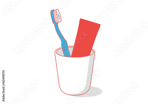 Blue Toothbrush and Red Toothpaste in White Cup Illustration.