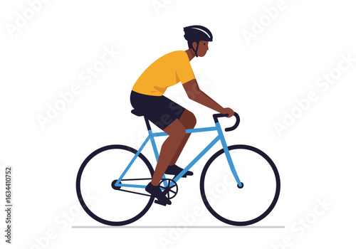 Flat vector illustration of a cyclist riding a blue bicycle.