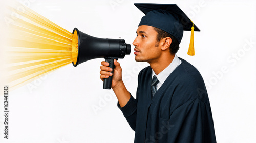 Young man in graduation cap using megaphone to celebrate achievement  