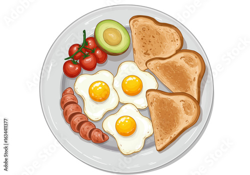 Vibrant Breakfast Plate Illustration with Fried Eggs Toast Sausage Avocado Tomatoes.
