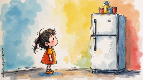 Curious little girl looking up at tall fridge in colorful cartoon kitchen  