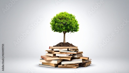 A Young Tree Grows from a Stack of Recycled Books, Symbolizing Knowledge, Growth, and Environmental Sustainability