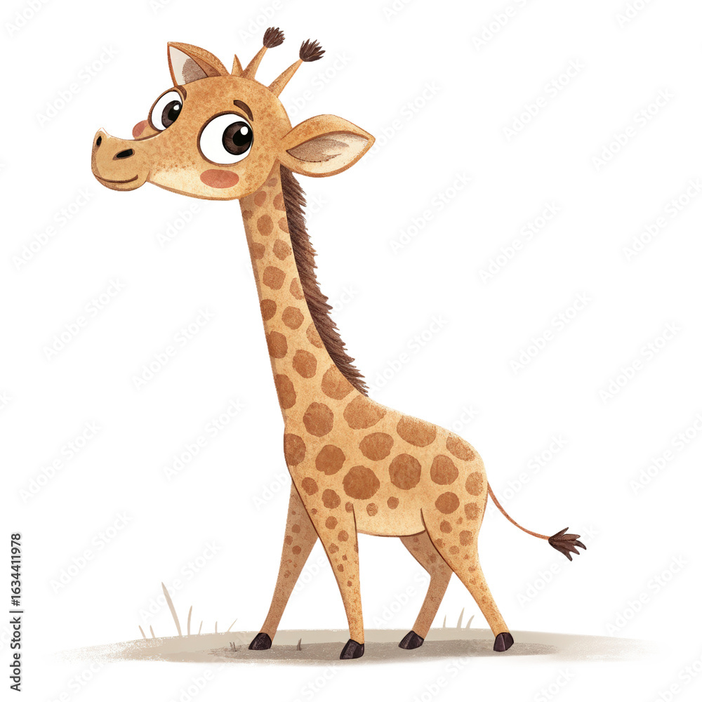 Fototapeta premium Cute Cartoon Giraffe Standing Upright – Adorable African Animal Character Illustration for Kids and Educational Use