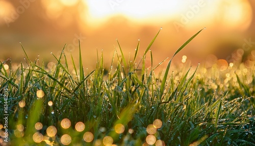close up of grass blades adorned with dew drops illuminated by the early morning sun capturing the exquisite beauty and freshness of nature at dawn