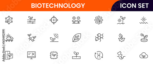 Biotechnology vector line icons featuring DNA strands, microscopes, test tubes, genetic engineering, lab equipment, research, cells, molecules, and scientific innovation.