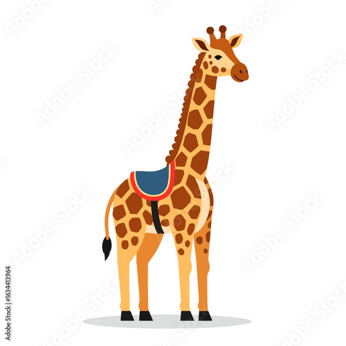 A cartoon illustration of a tall giraffe standing with a blue saddle on its back.
