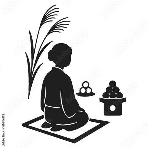 Tsukimi Festival Silhouette Clipart | Japanese Moon Viewing Celebration Vector | Girl Offering Dango Illustration Black and White
