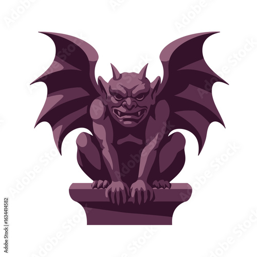 A menacing purple gargoyle with large bat-like wings and horns crouches on a stone pedestal.