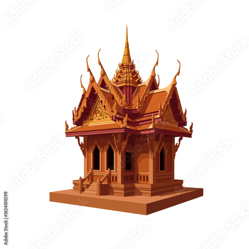 An ornate traditional Thai spirit house with a multi-tiered roof and intricate carvings.