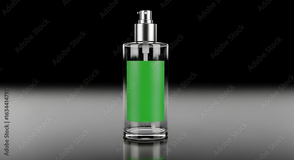 Fototapeta premium Clear Spray Bottle with Green Label on Black Reflective Surface