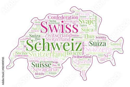 Switzerland shape filled with country name in many languages. Switzerland map in wordcloud style. Powerful vector illustration.
