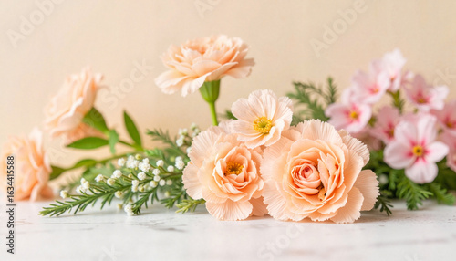 Soft Pastel Flowers with Serene Mood in a Minimalist Arrangement Against a Neutral Background