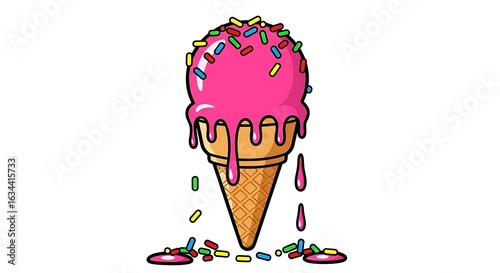 A colorful cartoon illustration of a melting pink ice cream scoop with rainbow sprinkles.