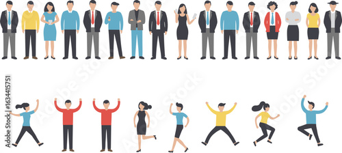 Business people in formal attire, casual poses, professional and personal contrast, corporate diversity, team dynamics, office lifestyle, animated characters
