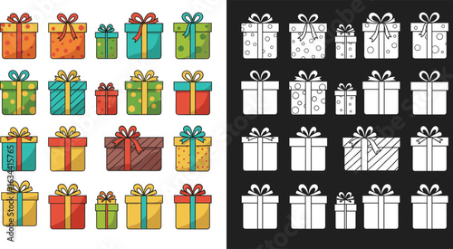Colorful gift boxes and matching outlines, festive present set, ribbon styles, coloring activity, holiday packaging, vector illustration, printable design