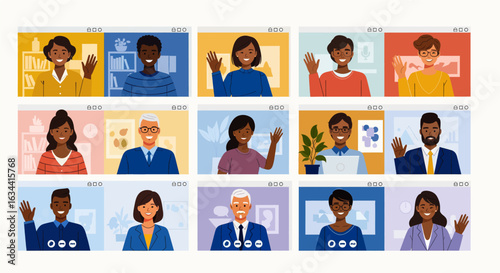 Video conference illustration with multiple characters in individual windows. Avatars of Diverse People in a Virtual Meeting on a Group Video Call