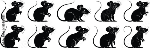 Mouse silhouettes collection, black rodent vector, animal pose design, whiskered mice clipart, rounded ears illustration, behavior study graphics