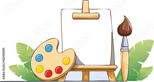 Artistic Workspace with Palette, Brush, and Canvas on Easel
