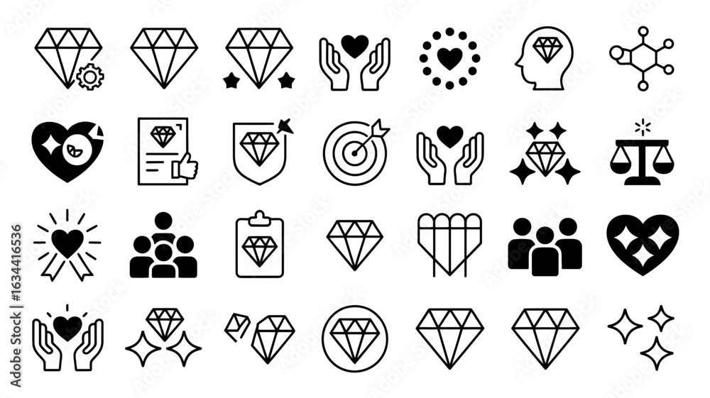 Fototapeta premium Photo of collection of diamond icons isolated on white background in line style