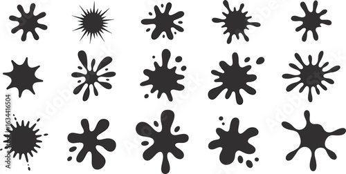 Ink splatter vector set, black paint splash shapes, grunge blot silhouettes for design, abstract liquid drops, creative stain clipart, artistic messy elements