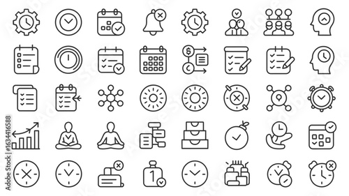 Photo of set of time management line icons isolated on white background for design