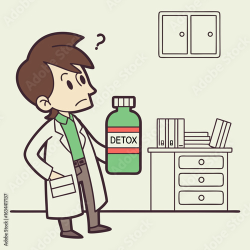 Illustration of a confused doctor looking at a detox supplement bottle. Concept of alternative medicine, health products, and medical skepticism.