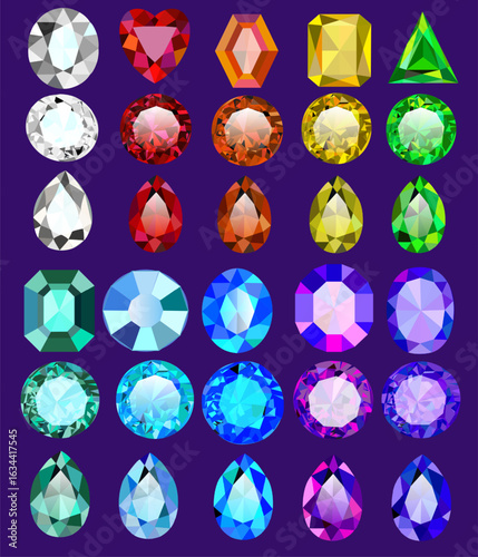 Colorful gemstones in various shapes and sizes on dark background  
