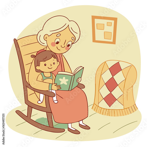 Grandmother and Grandchild Reading a Book Together in a Cozy Home Setting