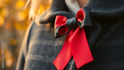 Black-red-gold ribbon on wool coat, autumn leaves in soft focus, bathed in warm morning light.