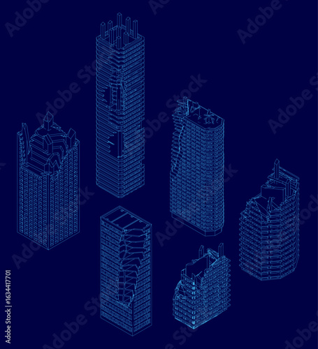 Ruined skyscrapers with wireframe designs stand symmetrically against a blue background, resembling architectural blueprints. The tallest building dominates the center while shorter ones flank.