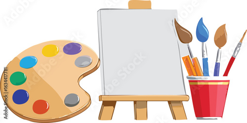 Artistic Workspace with Palette, Brush, and Canvas on Easel