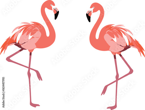 Two flamingos standing on one leg, facing each other, pink feathers, ,  romantic, vibrant, flamingo pair, wetland, animal behavior, colorful plumage, bird photography, tropical fauna, flamingo love