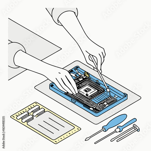 Hands Carefully Installing a Microchip onto a Circuit Board
