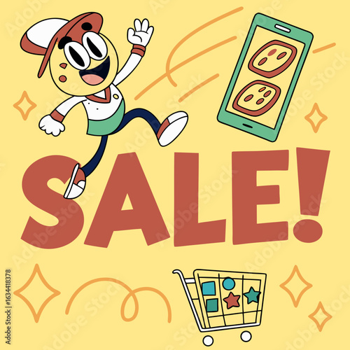 Happy Cartoon Pizza Character Announces a Sale