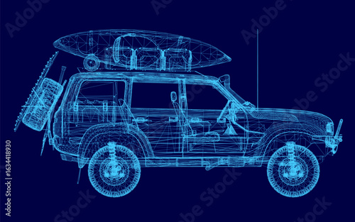 A wireframe car blueprint features a surfboard on top, designed for adventure seekers. The clean vector illustration has a blue background with technical grid lines. Perfect for travel, automotive.
