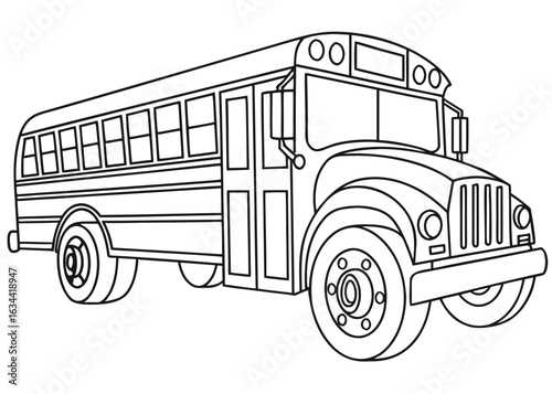School bus outline drawing, front angle, chunky wheels, bold lines only, coloring sheet for toddlers, empty background, no complex elements